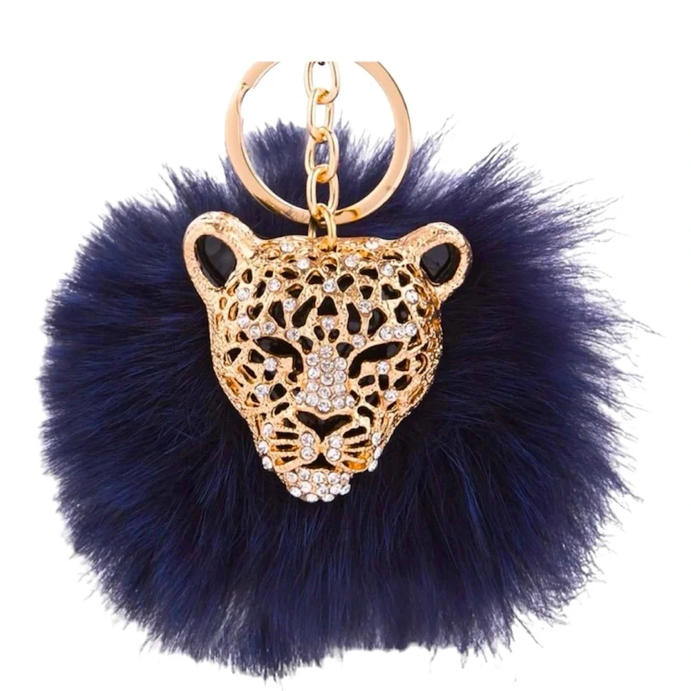 Leopard pompom bag charm key ring navy blue